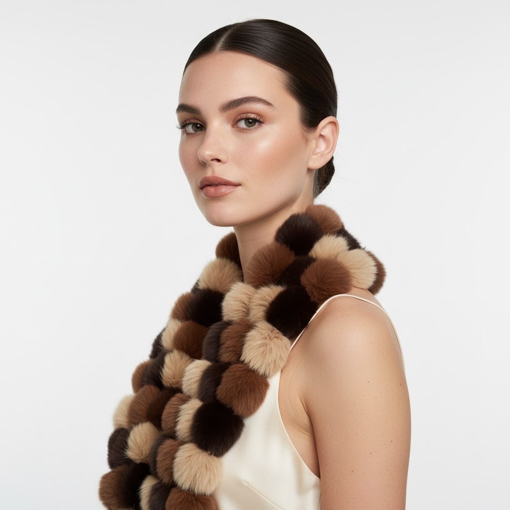 Genuine Fur Pom Pom Scarf Multicolor Brown Boa Stole Women's